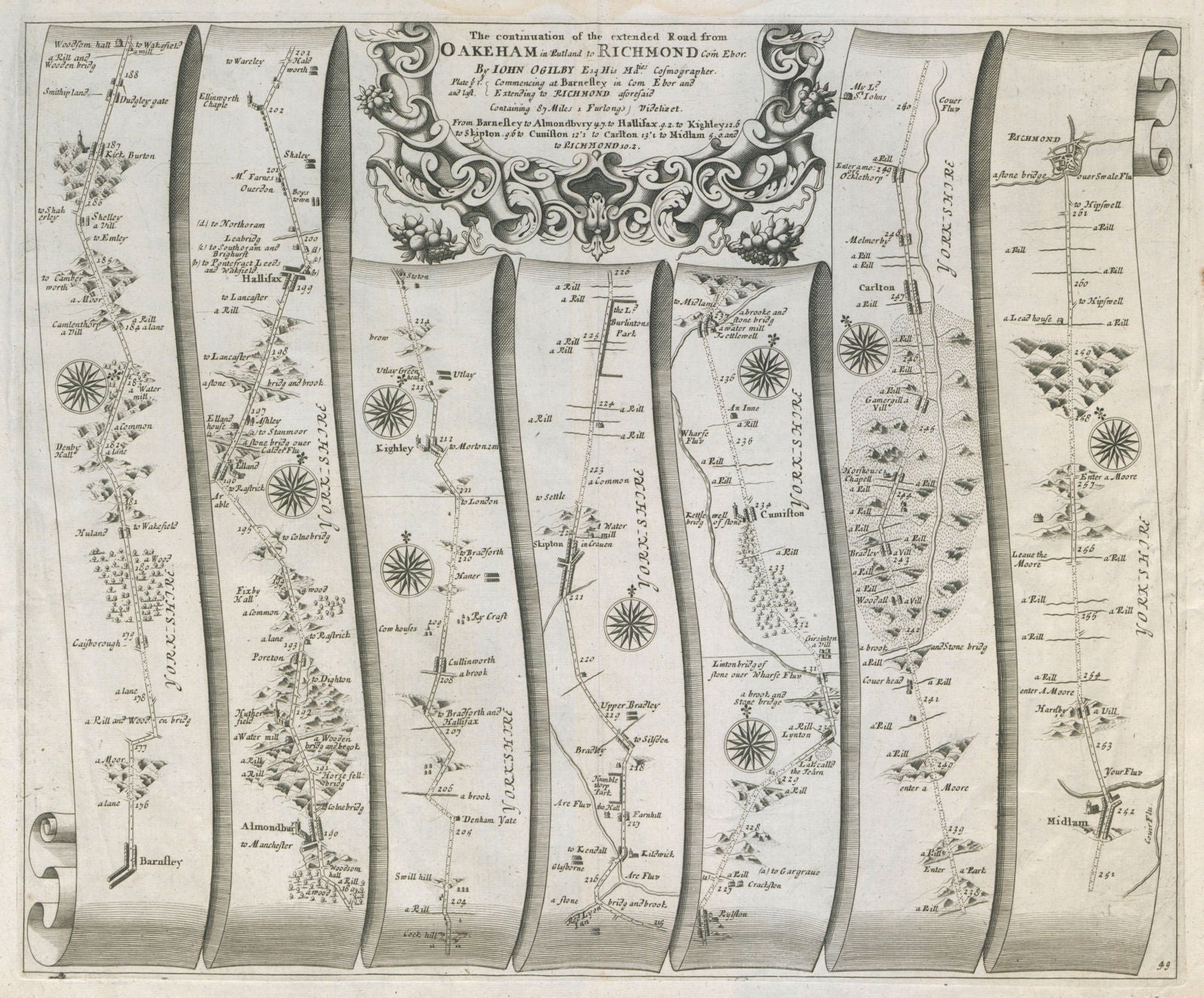 Barnsley - Huddersfield - Halifax - Skipton - Richmond. OGILBY road map #49 1675